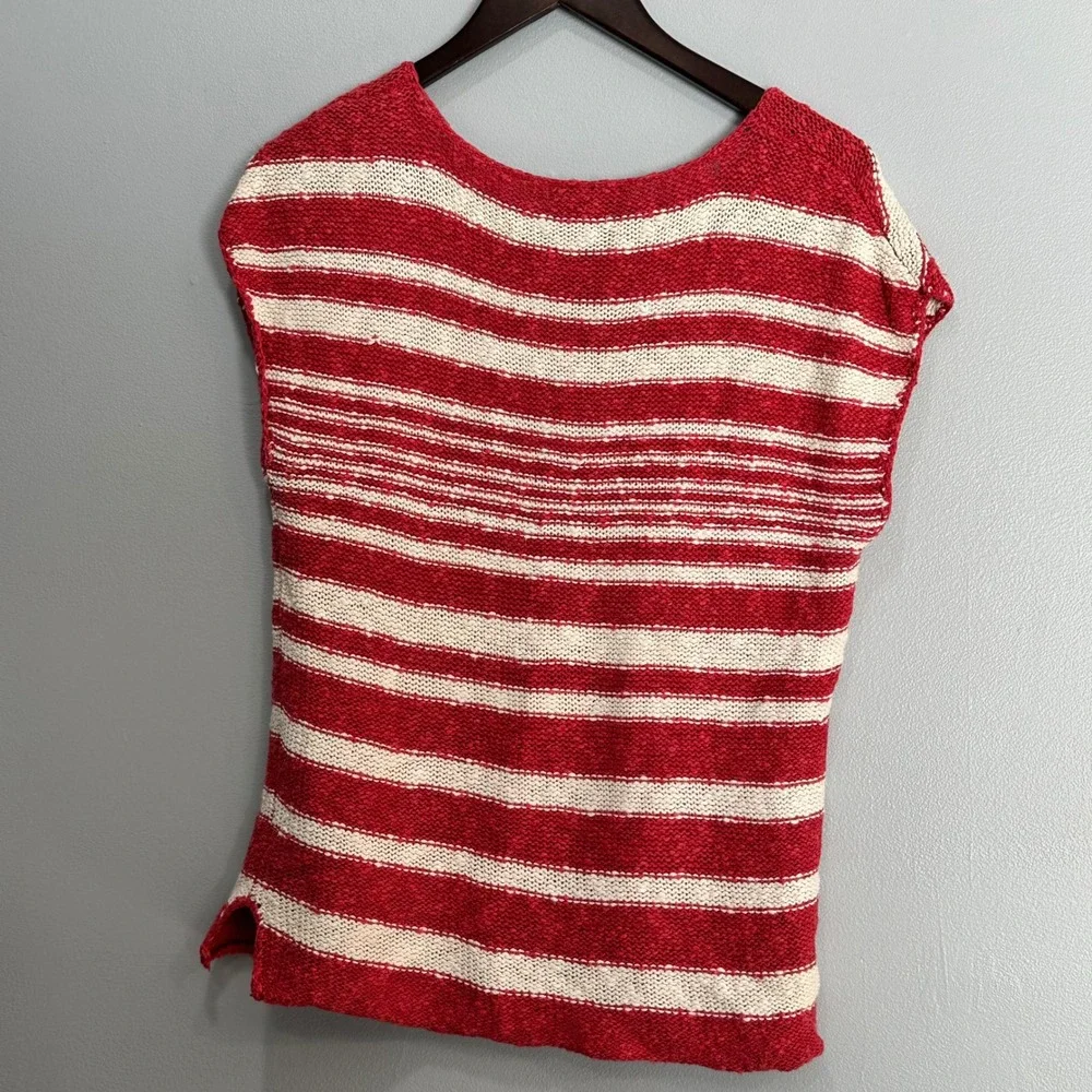 LRL Ralph Lauren Striped Knit Top Sleeveless Lace Up Red‎ Cream Women's M - Picture 3 of 5
